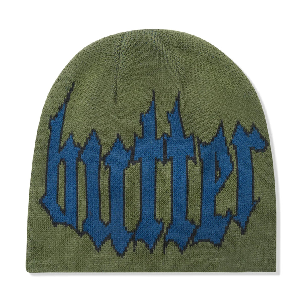 A green Butter Goods Crop Beanie Army with the word butter on it.