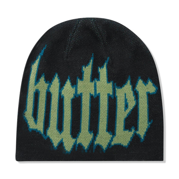 An army green Butter Goods crop beanie with the word butter on it.