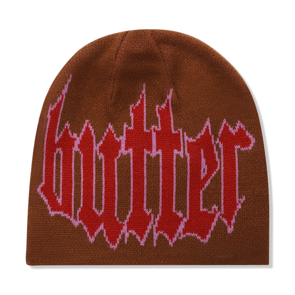 A BUTTER GOODS CROP BEANIE BROWN featuring the word butter, inspired by the Butter Goods fashion brand.