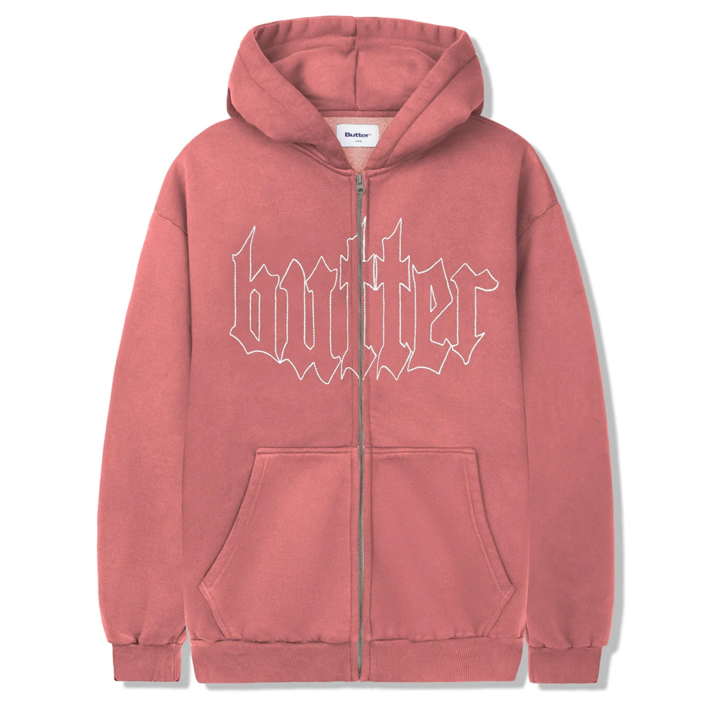 A Butter Goods Cropped Zip-Thru Hoodie in Washed Burgundy with a white logo on it.