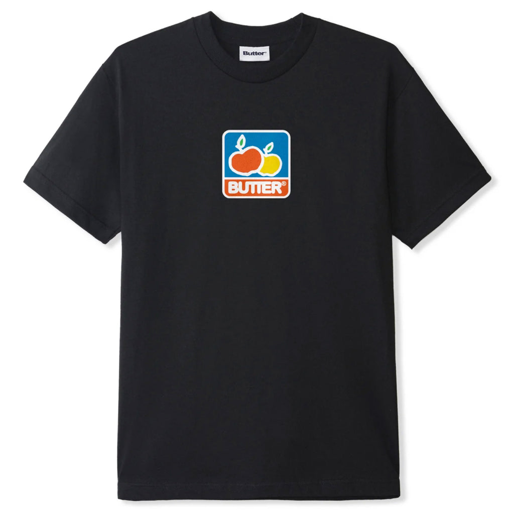 A BUTTER GOODS GROVE TEE BLACK with a screen print of the apple logo on the back, creating harmony.