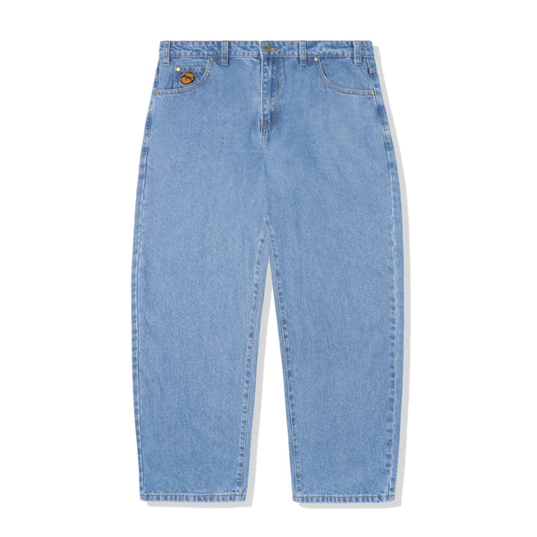 The BUTTER GOODS SANTOSUOSSO DENIM PANT WASHED INDIGO features a straight-leg fit, button and zipper closure, five pockets, and a small brown patch on the right front pocket, embodying classic Butter Goods style.