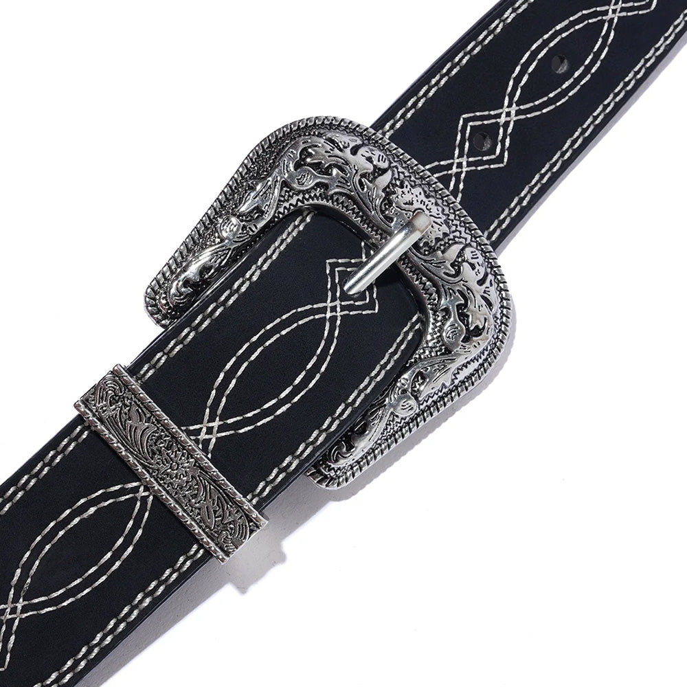 The BUTTER BRONCO BELT BLACK by Butter Goods is a black PU leather belt featuring contrast stitching and an ornate western metal buckle with engraved patterns.