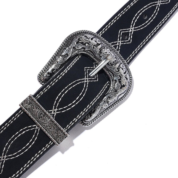 The BUTTER BRONCO BELT BLACK by Butter Goods is a black PU leather belt featuring contrast stitching and an ornate western metal buckle with engraved patterns.
