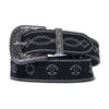 The Loosey BUTTER BRONCO BELT BLACK is a black PU leather belt with contrast stitching, ornate Western metal buckle, and white embroidered patterns and lettering along its length.