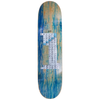 Introducing the CARPET BACTERIA skateboard deck by Carpet Co., featuring a blue and tan painted background with a periodic table of elements graphic in a T-shaped configuration.