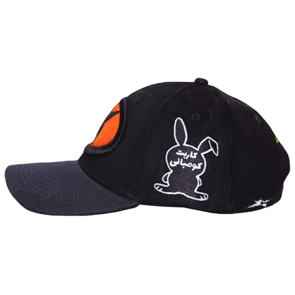 A CARPET RACING HAT BLACK with an orange bunny on it, by Carpet Co.
