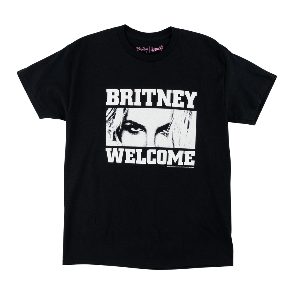 The WELCOME X BRITNEY TILL THE WORLD ENDS TEE BLACK from the brand WELCOME features a stylish front and back design with "Britney Welcome" printed prominently in large white letters above and below a partial face, making it a standout piece in any wardrobe.