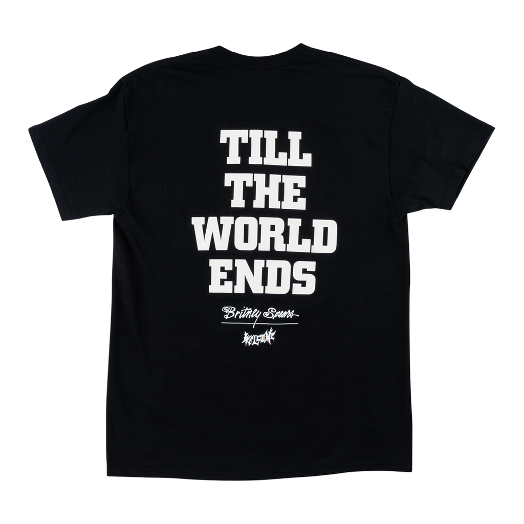 The WELCOME X BRITNEY TILL THE WORLD ENDS TEE BLACK is a black screen printed tee with large white text that reads "TILL THE WORLD ENDS." Below in smaller font, it says "Britney Spears" and "MEDICOM." This tee from the brand WELCOME features both front and back designs for a complete look.