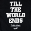 The WELCOME X BRITNEY TILL THE WORLD ENDS TEE BLACK features a black background with bold white text that reads "TILL THE WORLD ENDS," and smaller text below that reads "Britney Spears" and "WELCOME." This stylish tee boasts an eye-catching front and back design.