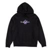 The WELCOME X BRITNEY FLOWER PIGMENT-DYED HOODIE BLACK is a black hoodie with a front pocket and hood, featuring "Britney Spears" text and design in purple and white on the chest, similar to a screen printed tee.