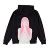 The WELCOME X BRITNEY BELIEVE PIGMENT-DYED HOODIE BLACK is a black hoodie showcasing a screen-printed image of a person with long hair in a praying pose, beautifully rendered in pink on the back.