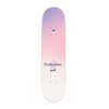 The WELCOME X BRITNEY BELIEVE skateboard deck showcases a stunning gradient design that transitions from pink to purple and white, embellished with shimmering pink glitter. It prominently features a logo and text in the center, evoking the iconic style of Britney's Baby One More Time.