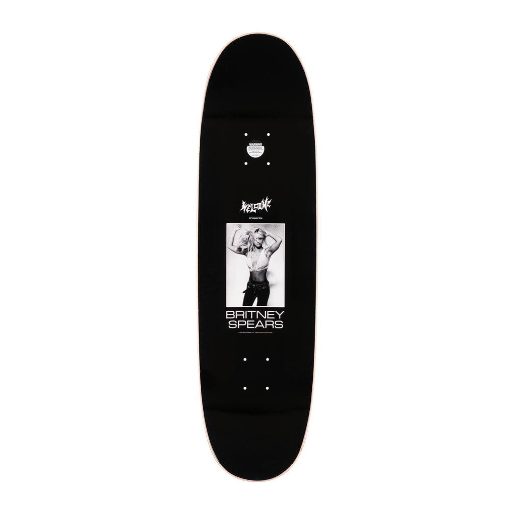 Black skateboard deck featuring an image of a person in a white tank top and jeans with text reading "Britney Spears—WELCOME X BRITNEY SNAKE ON SON OF BOLINE" from the brand WELCOME.