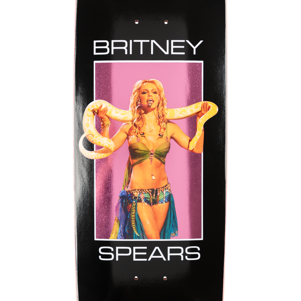 Image of a Black/Pink Foil 8.5 Popsicle skateboard deck featuring a performer with a snake, dressed in a green and blue outfit, and the name "Britney Spears" at the top and bottom. This WELCOME X BRITNEY SNAKE ON SON OF BOLINE design is perfect for any fan.