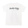 The WELCOME X BRITNEY BELIEVE TEE WHITE features "Britney Spears" in elegant black cursive text on the back, along with smaller stylized text. This screen printed tee is completed with a front design for a well-rounded aesthetic.