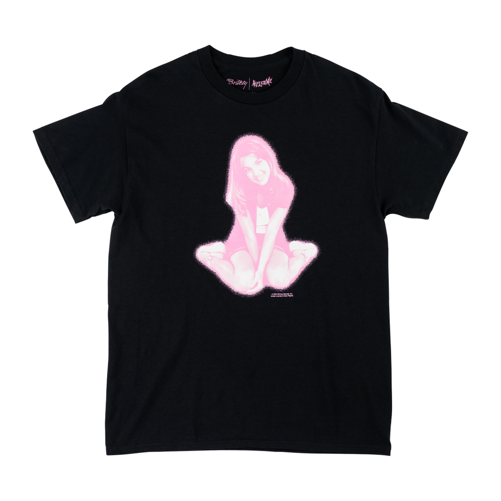 Introducing the WELCOME X BRITNEY FLOWER TEE BLACK by WELCOME – a black garment-dyed tee adorned with artwork of a seated person, outlined in pink, printed on the front.