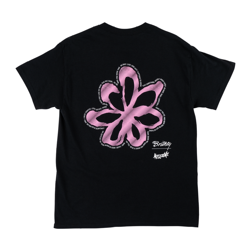 WELCOME's WELCOME X BRITNEY FLOWER TEE BLACK is a black garment-dyed tee showcasing a large pink flower design on the back and white text near the bottom right.