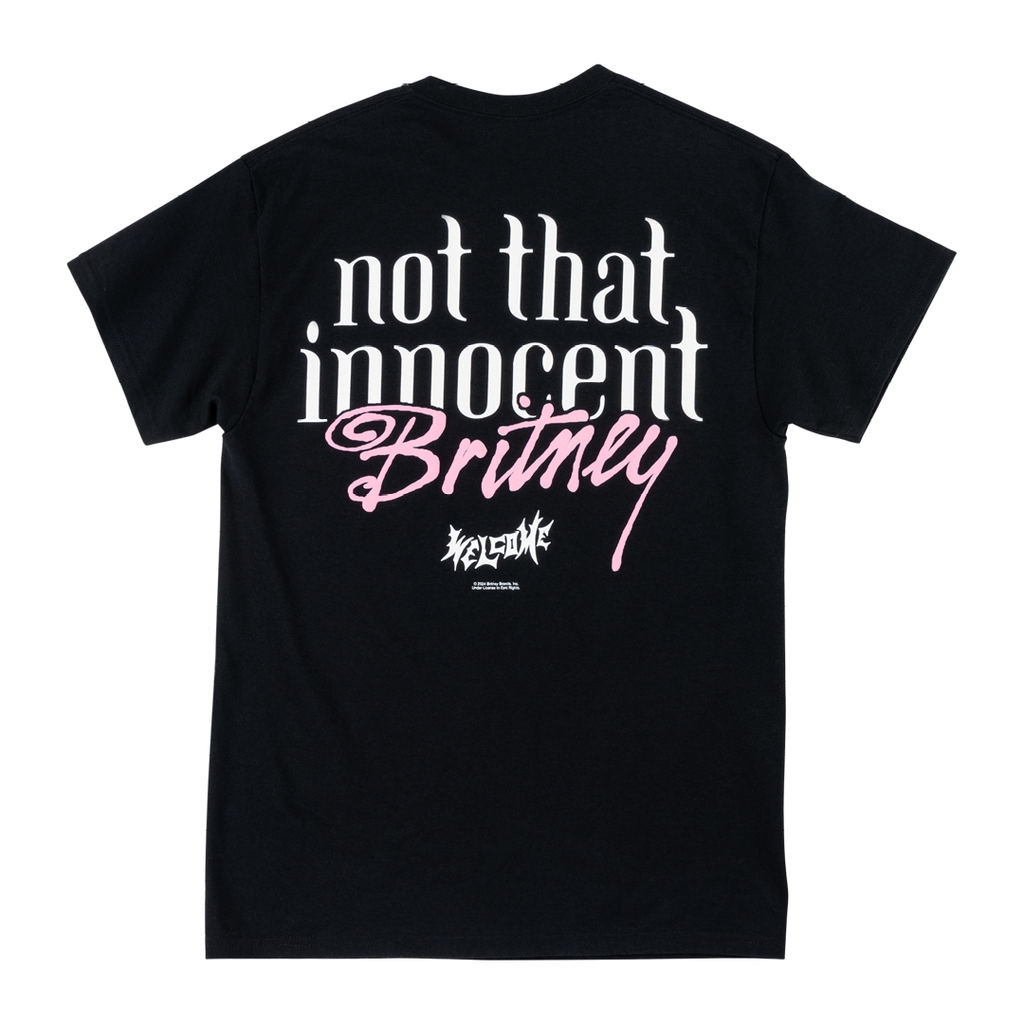 Show off your fandom with the WELCOME X BRITNEY DAISIES TEE BLACK. This black screen-printed tee features "not that innocent Britney" text in white and pink font, showcasing a signature-like design. Perfect for making a stylish statement, this tee from WELCOME is inspired by Britney's "Till the World Ends".