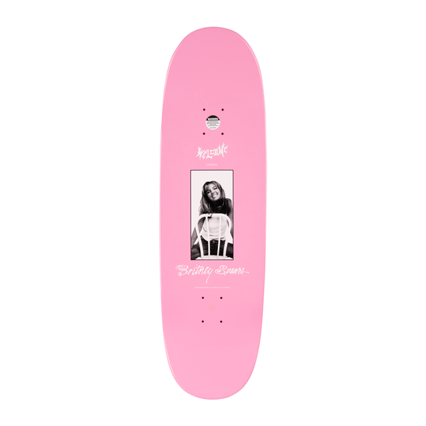 Introducing the WELCOME X BRITNEY BABY ONE MORE TIME ON BOLINE 2.0 pink skateboard deck, featuring a black and white image of a person on a white chair, embellished with pink glitter. The word "Awesome" adorns the top while "Britney Spears" is highlighted at the bottom.