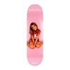 A pink skateboard deck features an image of a seated person, smiling and wearing casual clothes with glitter accents. The name "Britney Spears" is printed near the top, and the brand "WELCOME" is written at the bottom. The product is named "WELCOME X BRITNEY BABY ONE MORE TIME.