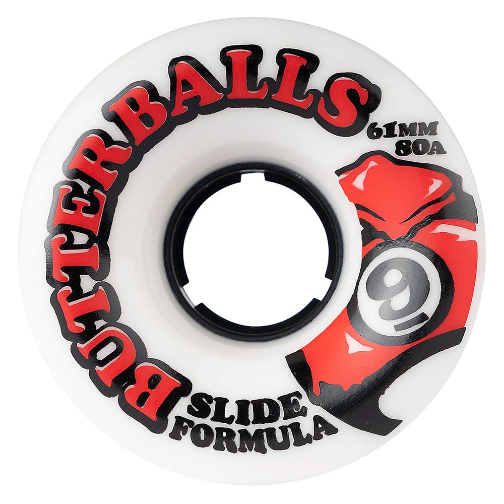 Sector 9's Slide Butterballs 80A wheels measure 61mm and are white with a red graphic, featuring the number 9.