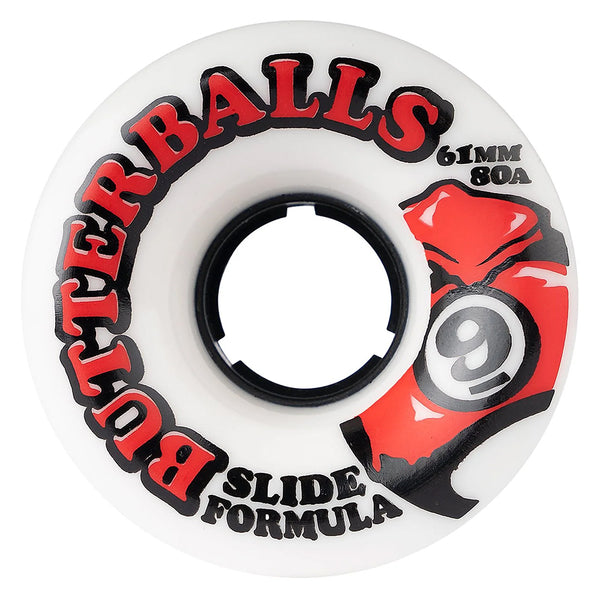 Sector 9's Slide Butterballs 80A wheels measure 61mm and are white with a red graphic, featuring the number 9.