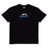 A black tee with the star carpet logo in white and the word "Carpet" in blue under it.