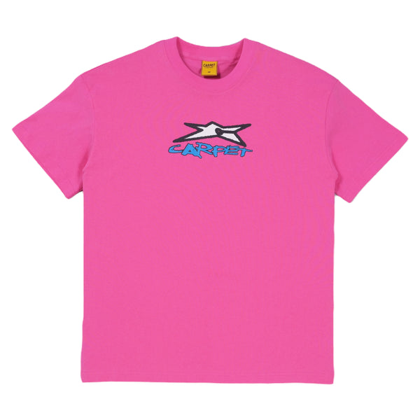 A bright pink shirt with the carpet start logo on it in white.