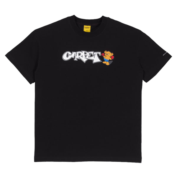 A black t-shirt with white font that says "Carpet" next to a little bear with boxing gloves.