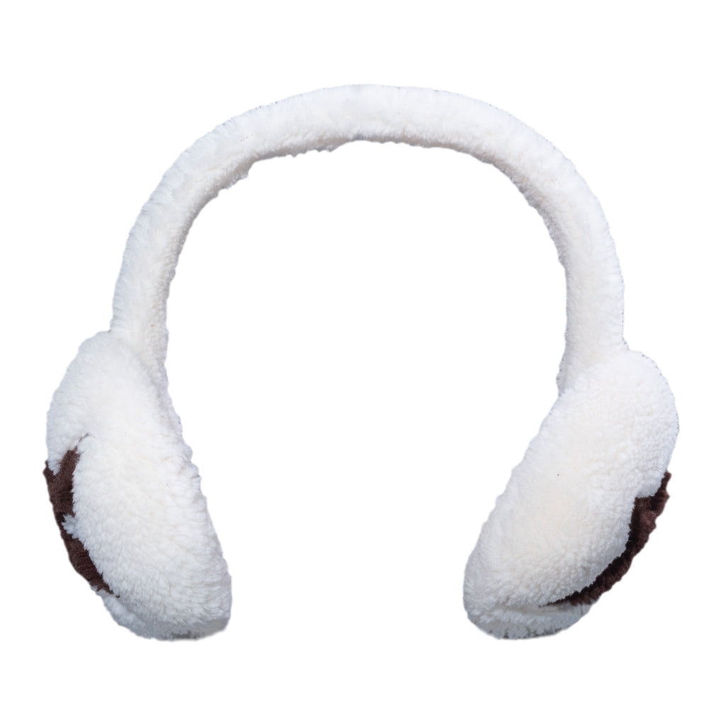 The CARPET CO. C-STAR EARMUFFS CREAM by Carpet Co. feature cream-fuzzy exteriors with cozy brown inner linings for ultimate warmth and comfort.
