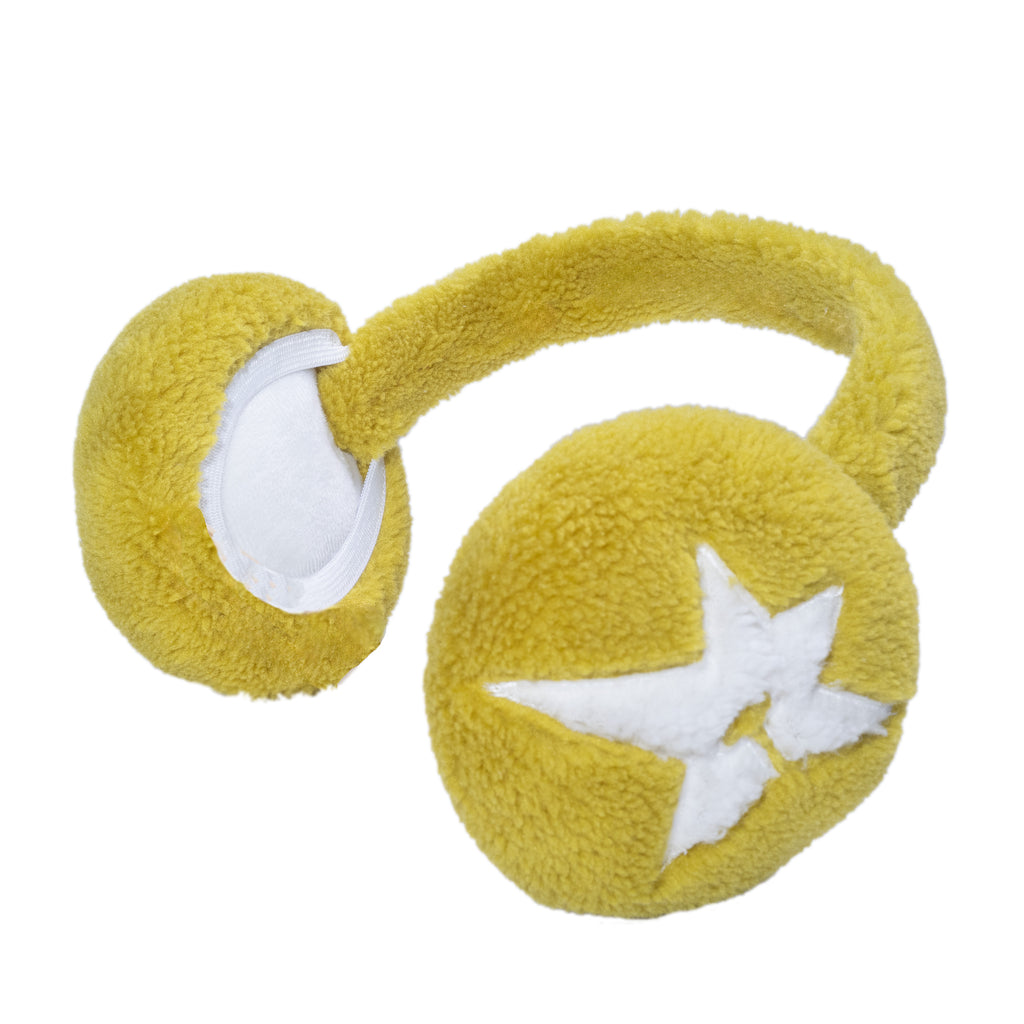 Introducing the Carpet Co. C-Star Earmuffs Moss, featuring a yellow design with white star patterns on the ear cups, perfectly blending style and comfort.