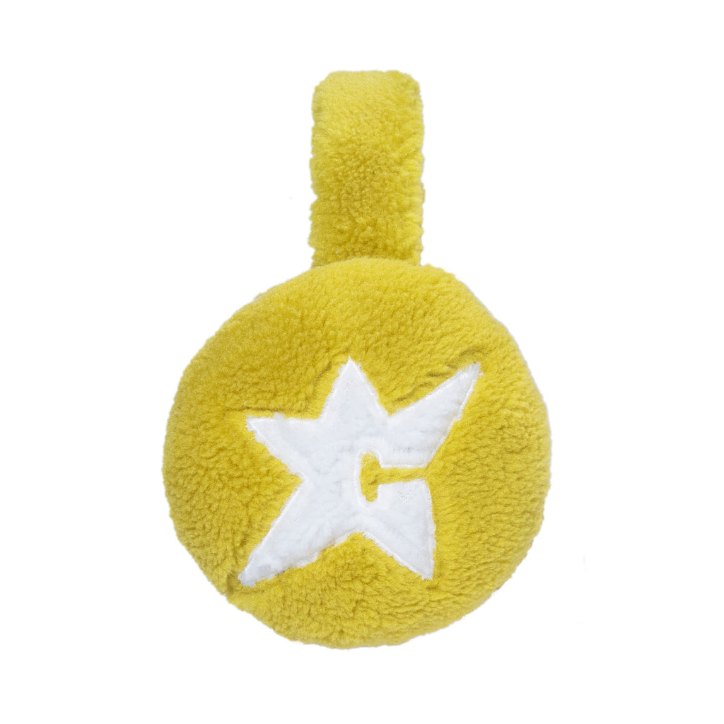 The CARPET CO. C-STAR EARMUFFS MOSS by Carpet Co. is yellow with a charming white star design, perfect for pairing with your cozy C-STAR Beanie on chilly days.