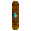 The top brown stain of a skateboard deck that has a printed image of a blue bird and Chico Brenes signature.