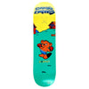 A hand printed skateboard deck with an image of a cartoon bear wearing boxing gloves in a field.