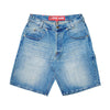 CARPET CO. C STAR FADED DENIM SHORTS by Carpet Co.—light blue faded denim shorts with front and back pockets, belt loops, and a red label on the inner waistband, shown against a white background.