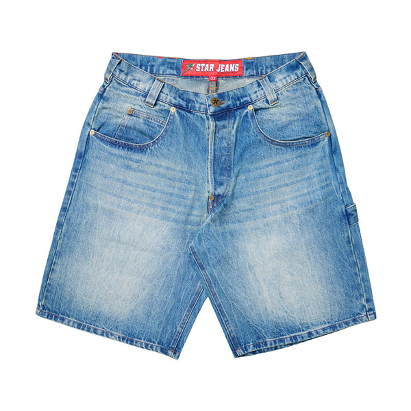 CARPET CO. C STAR FADED DENIM SHORTS by Carpet Co.—light blue faded denim shorts with front and back pockets, belt loops, and a red label on the inner waistband, shown against a white background.