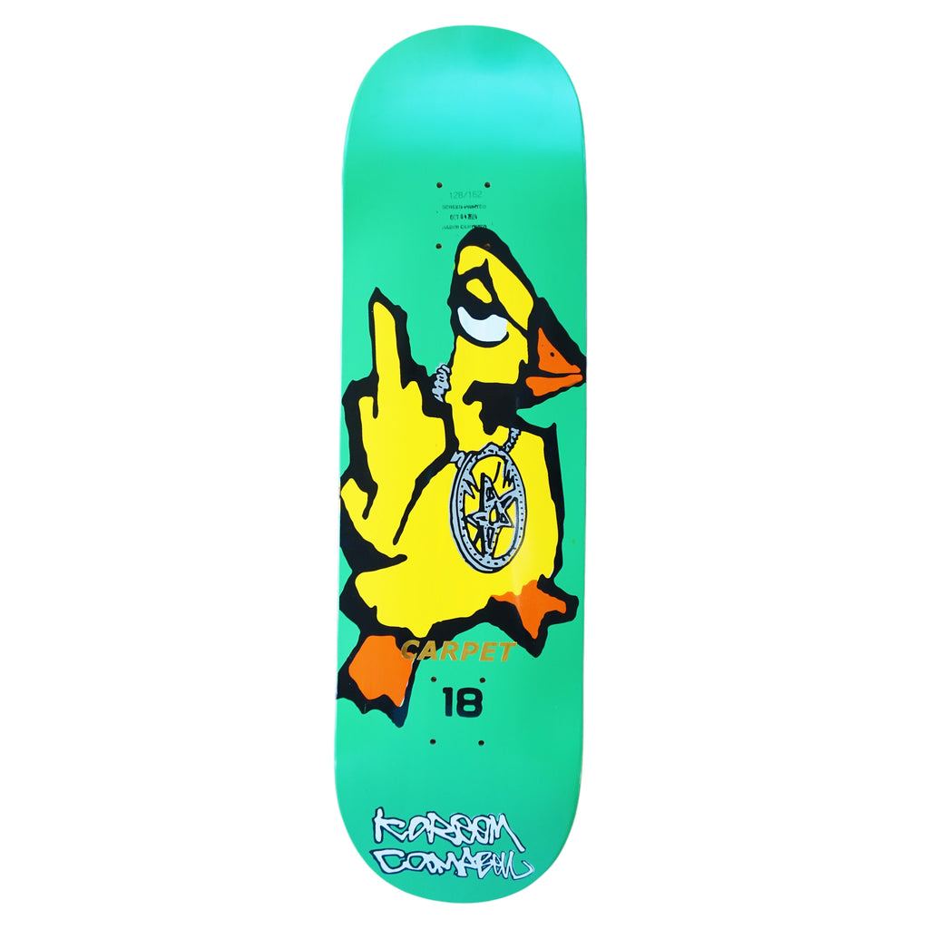 CARPET DUCK YOU KAREEM GUEST PRO by Carpet Co. is a green skateboard deck showcasing a screen-printed graphic of a yellow duck adorned with a necklace and flipping the middle finger.