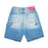 The CARPET CO. C STAR FADED DENIM SHORTS by Carpet Co. feature light blue faded denim, a loose fit, two large back pockets, a small side pocket, pink waistband label, and a star patch on the right side.