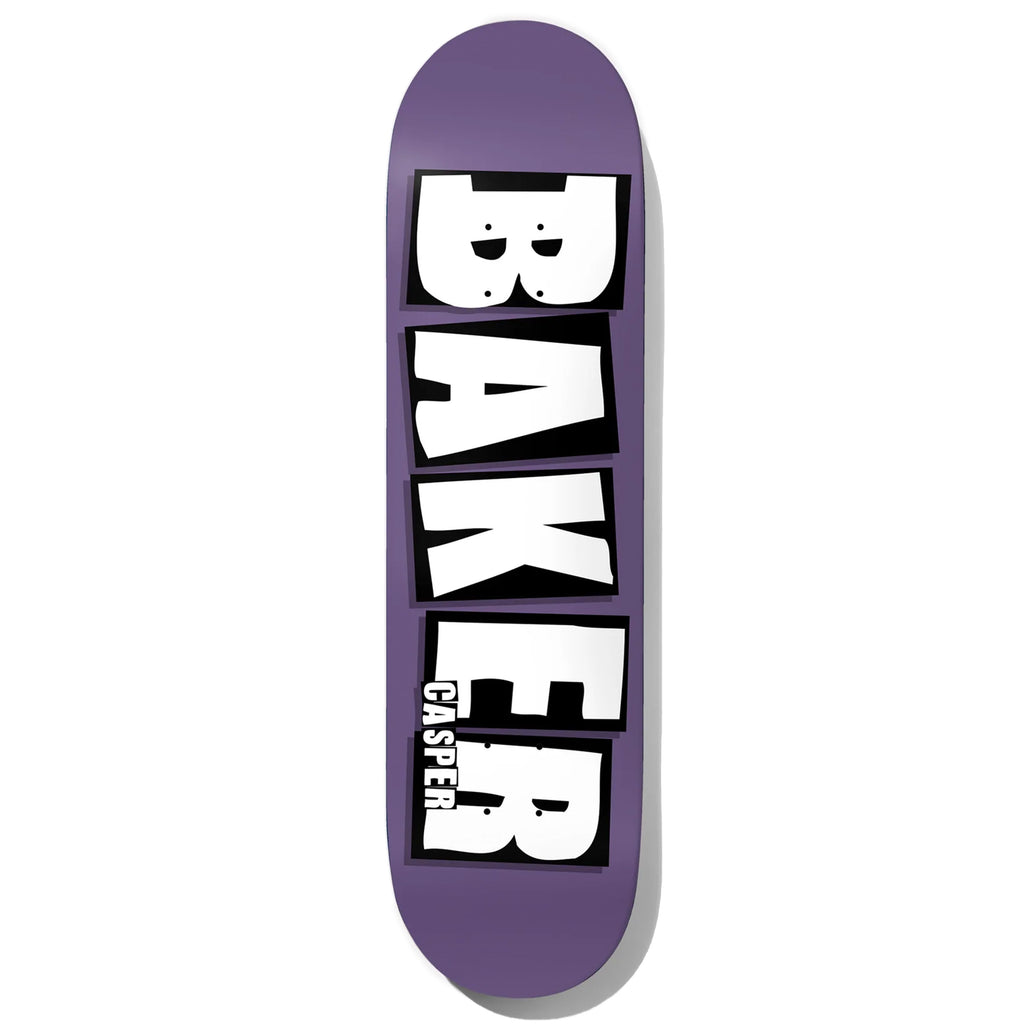 A purple BAKER CASPER BRAND NAME DIPPED PURPLE skateboard with the word Baker on it.