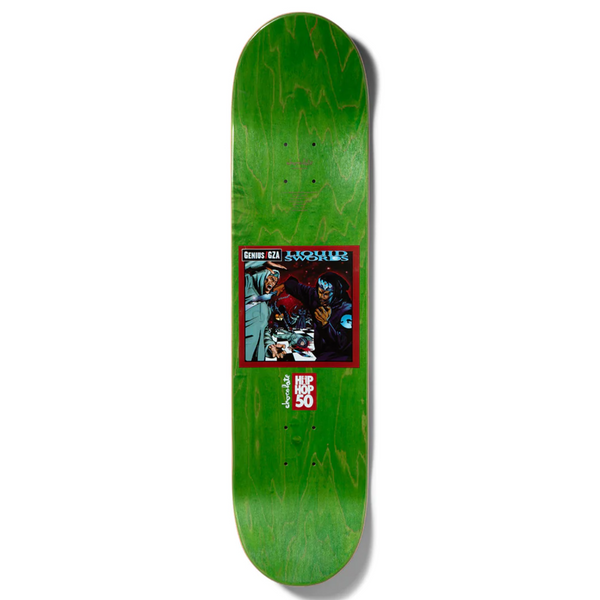 A green CHOCOLATE skateboard featuring an image of a man and a woman, perfect for fans of Hip Hop and Interscope Records.