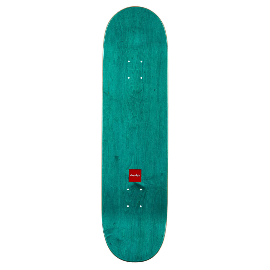 The top of a teal stained deck that has a small printed chocolate logo.