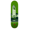 A skateboard deck with a green toned image of a tower with a bell at the top and says "Boise Depot".
