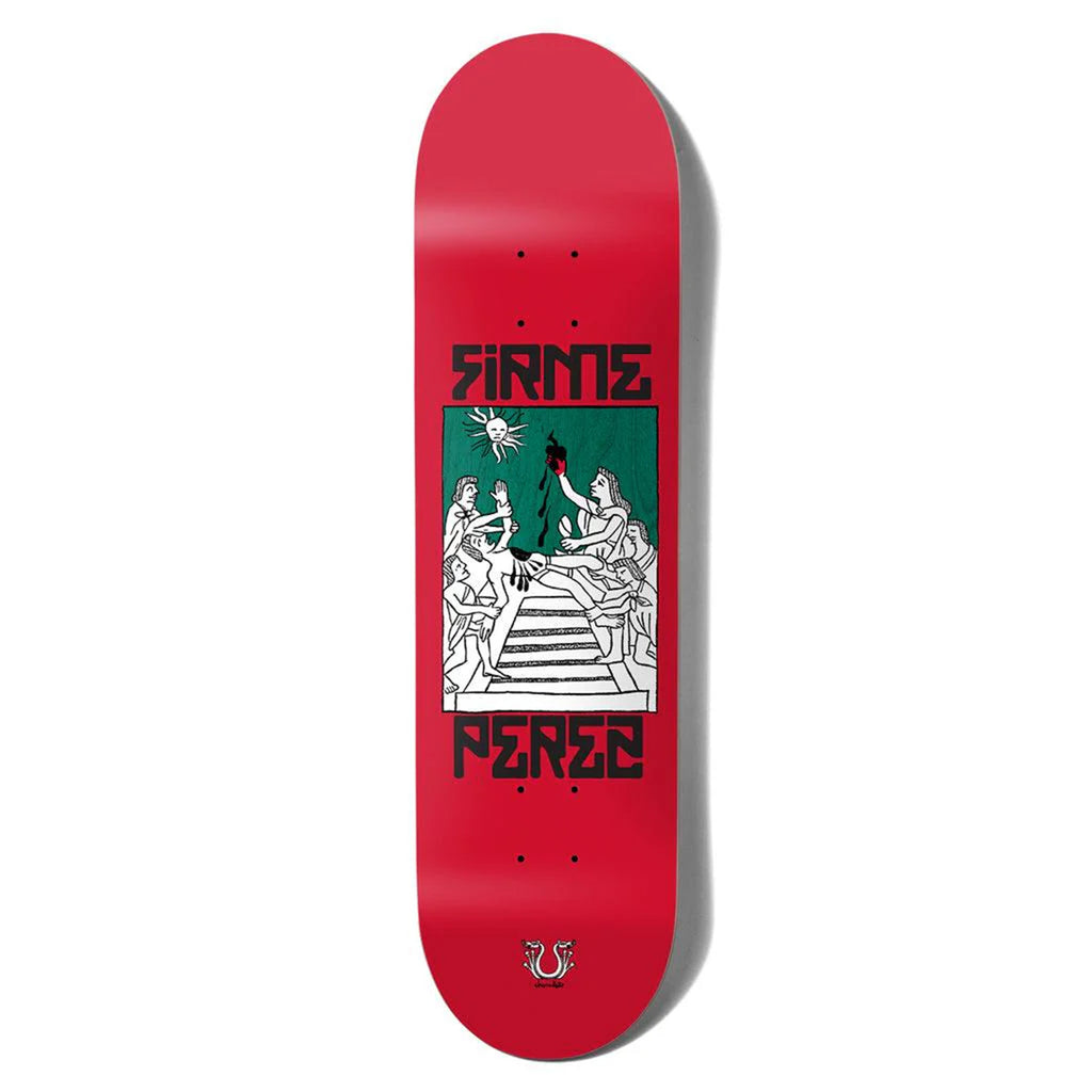 A red skateboard deck, 8" x 31.875", featuring black text that reads "Firme Perez," along with a green and white illustration of people in robes holding objects on steps. This unique design is part of the CHOCOLATE PEREZ FIRME ONE OFF series by CHOCOLATE.