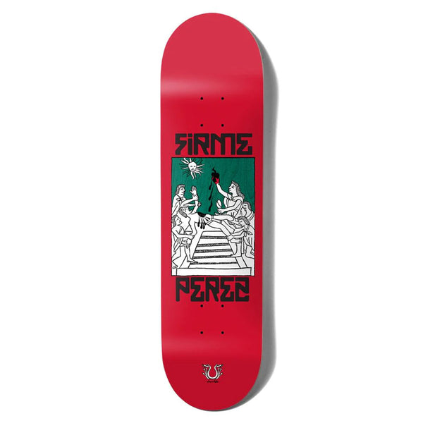 A red skateboard deck, 8" x 31.875", featuring black text that reads "Firme Perez," along with a green and white illustration of people in robes holding objects on steps. This unique design is part of the CHOCOLATE PEREZ FIRME ONE OFF series by CHOCOLATE.