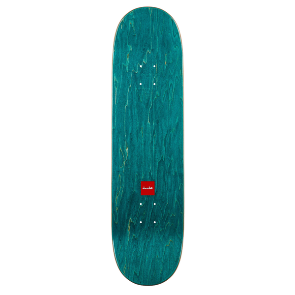 The top of a teal stained deck a small printed chocolate logo.