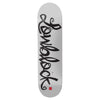 The CHOCOLATE X BLUETILE X LOWBLOCK FLIP THE SCRIPT skateboard deck showcases the word "Lowblock" in a vibrant graffiti-style font against a crisp white background.