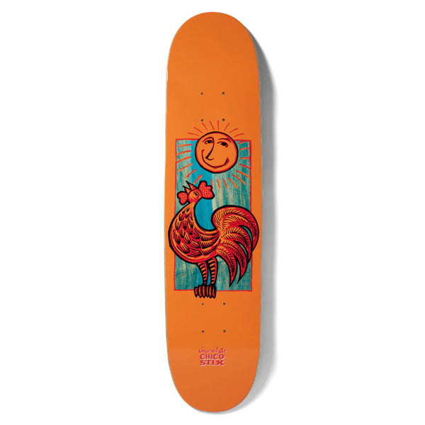 The CHOCOLATE X CHICO STIX NICARAGUAN SUNRISE REISSUE skateboard features a vibrant depiction of a rooster enjoying the glow of a stylized Nicaraguan sunrise.