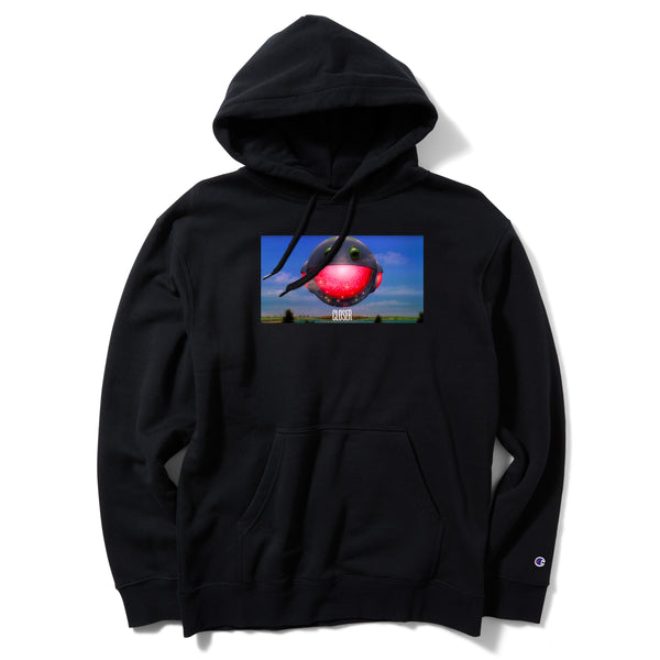A CLOSER black hoodie printed to order with an image of a hot air balloon.