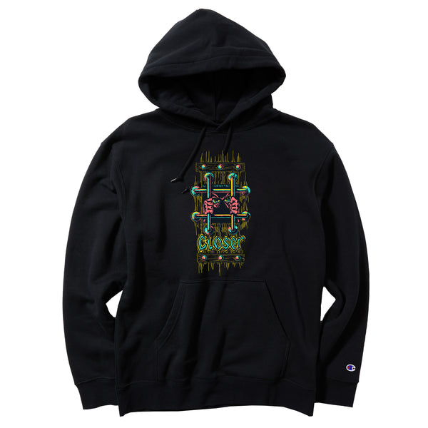 A CLOSER black hoodie printed to order with the image of a CLOSER LUCERO BARS hoodie.